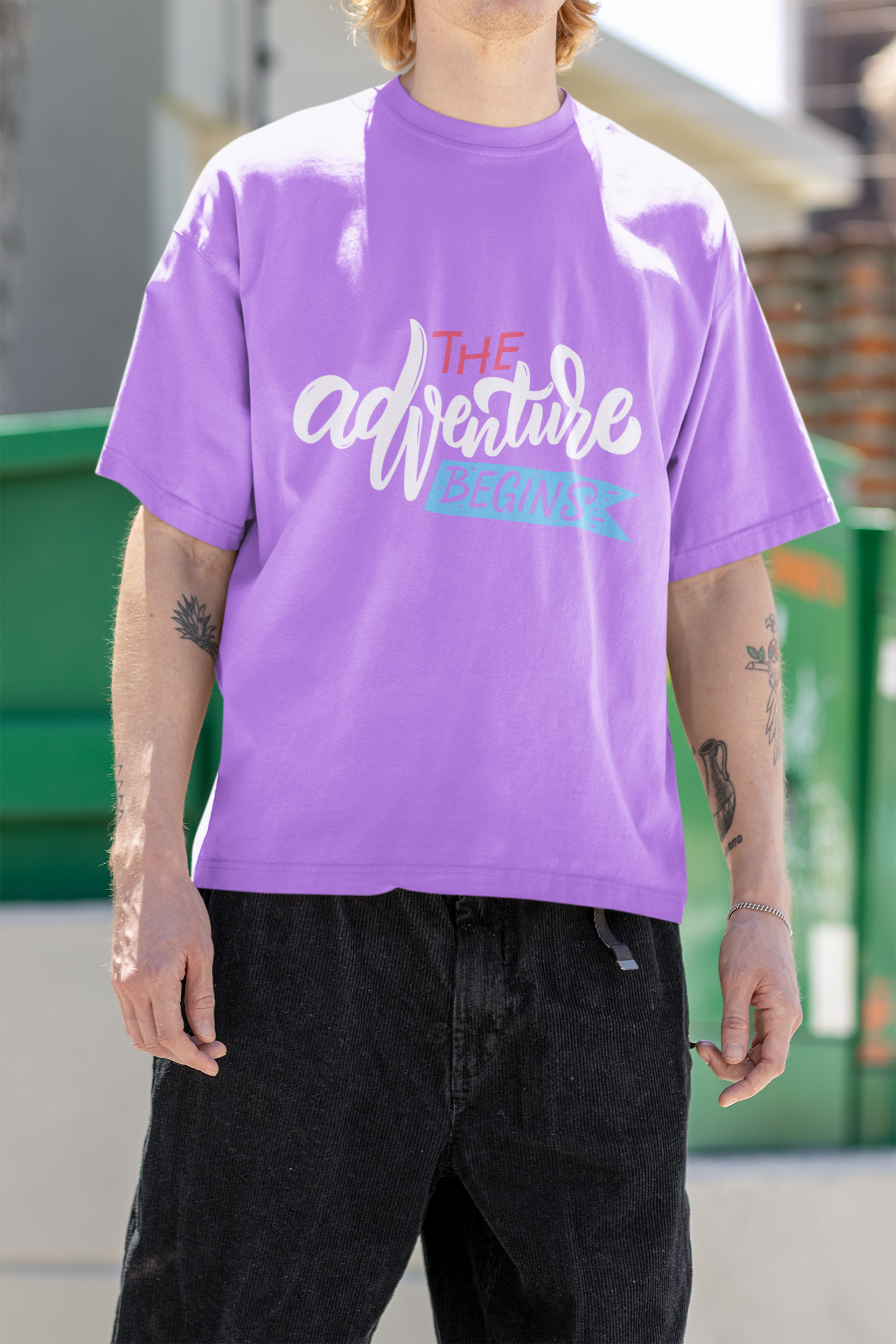 Urbaxo Adventure Oversized Lavender T-Shirt – Front view showcasing vibrant outdoor-themed graphic on soft cotton fabric
