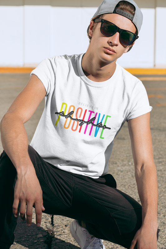 Motivational white t-shirt with ‘Believe In Positive’ slogan, TUY regular fit for an inspiring everyday style