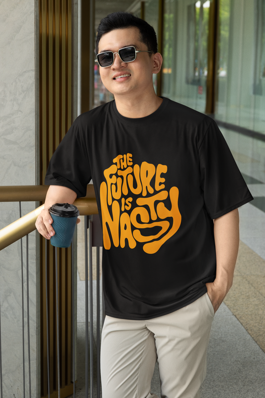 Unisex black oversized T-shirt featuring the bold phrase "Future Is Nasty" in modern typography, perfect for streetwear lovers.