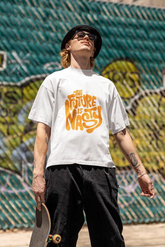 Urbaxo oversized t-shirt with “Future Is Nasty” graphic, sleek white design for a daring street style look
