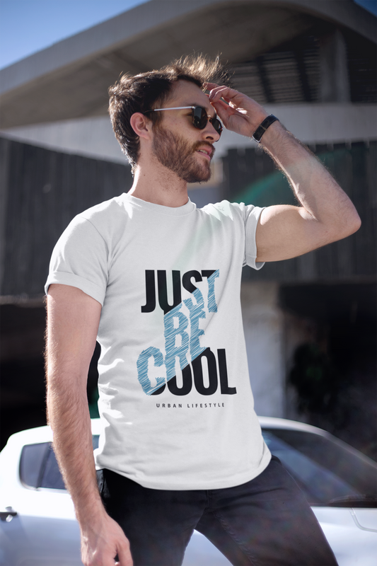 White TUY t-shirt with playful ‘Just Be Cool’ slogan, regular fit design made for chill, fun everyday looks by Urbaxo