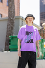 Close-up of the front design on the Just Be Cool T-shirt by Urbaxo, showcasing high-quality print.

