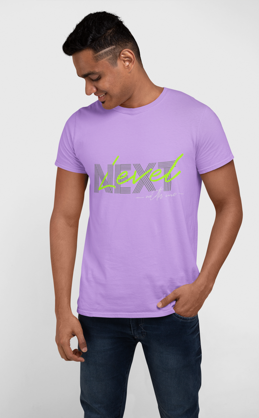 Side profile of model wearing lavender Urabxo tee, styled casually with jeans for a relaxed look