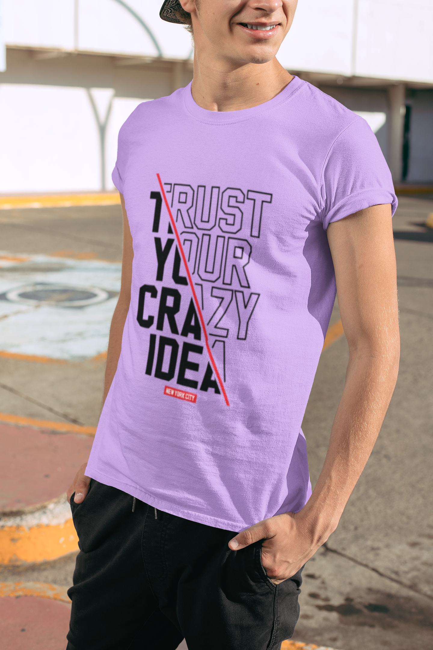 Urbaxo TUY Crazy Idea T-shirt in lavender, featuring an eye-catching graphic on the front, designed for a relaxed regular fit and effortless style