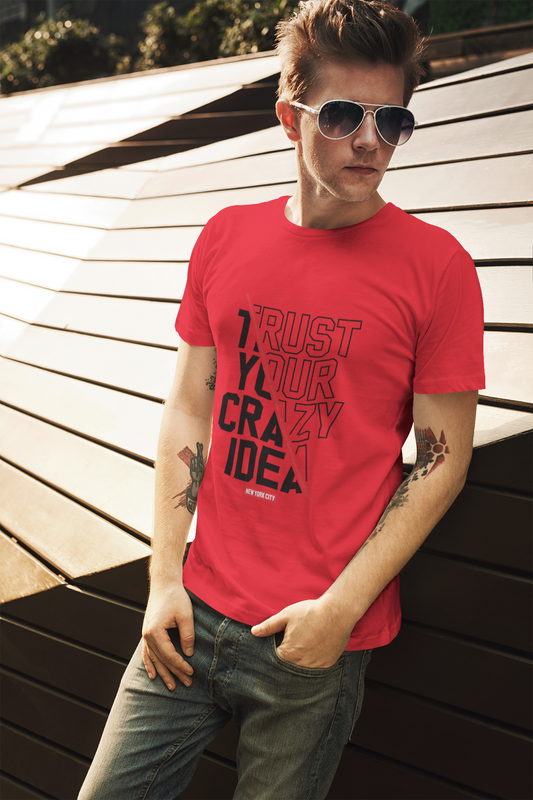 Red TUY t-shirt with “Crazy Idea” print, shown in a relaxed regular fit, perfect for everyday streetwear
