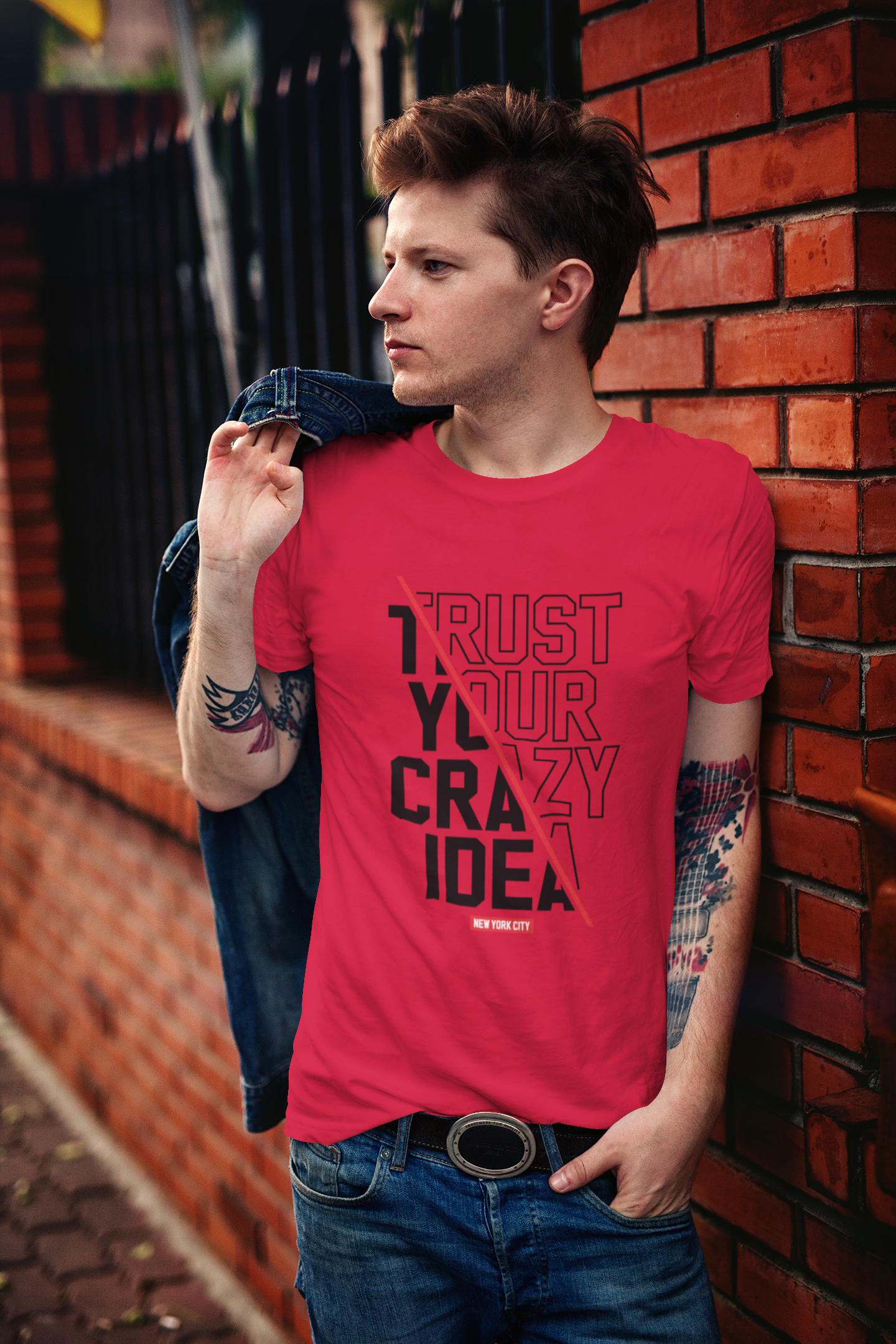 Front view of the TUY Crazy Idea Regular Fit Red T-shirt from Urbaxo, featuring bold graphic text on soft cotton fabric