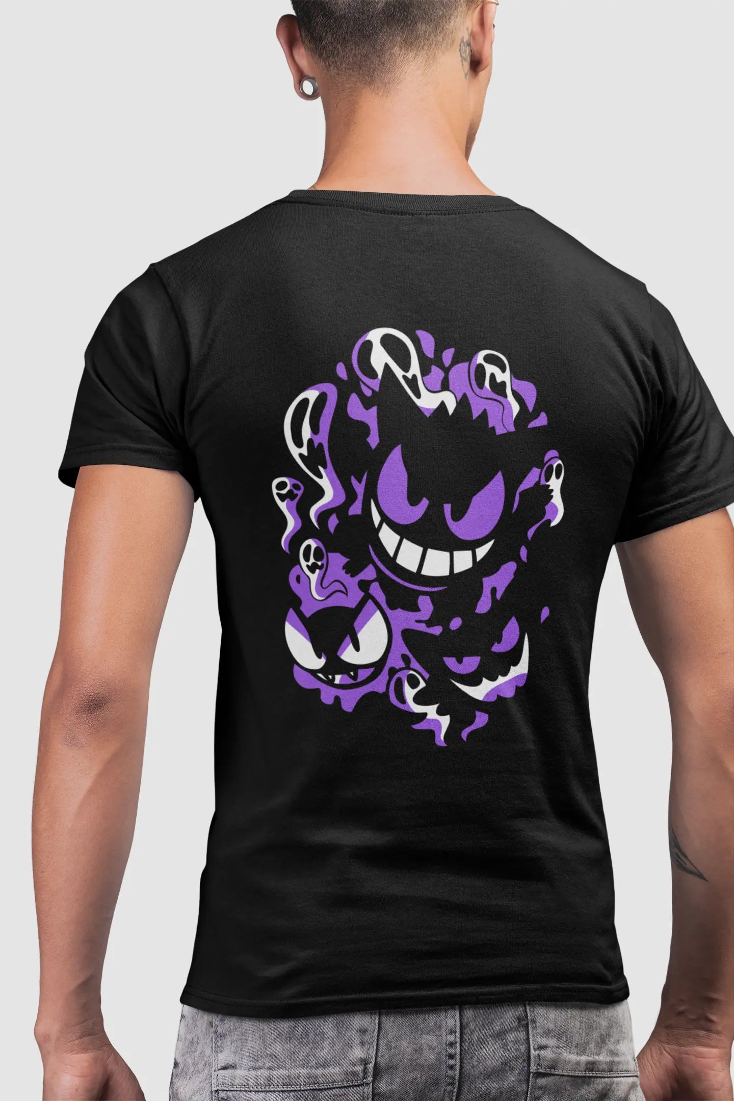 Streetwear-inspired TUY T-shirt in lavender, featuring eye-catching monster graphics on front and back with a laid-back regular fit