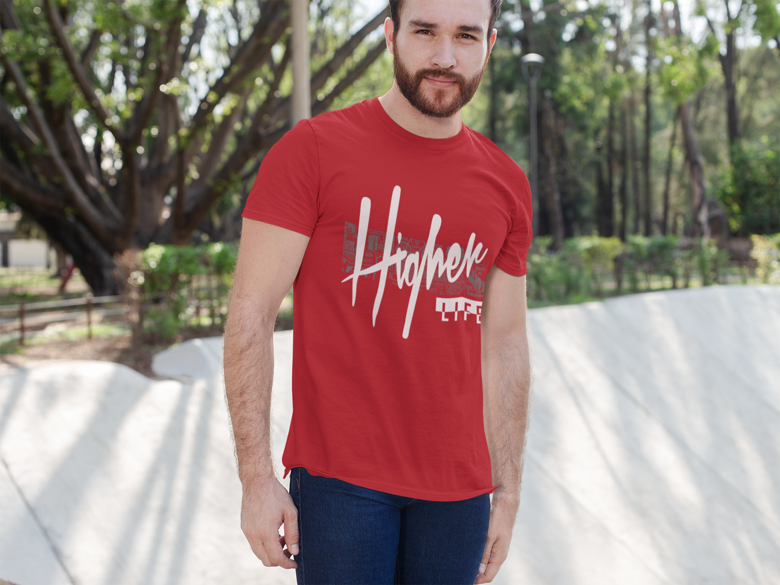 TUY Higher Life tee in bright red, designed with a regular fit and simple graphic, perfect for modern, confident styling