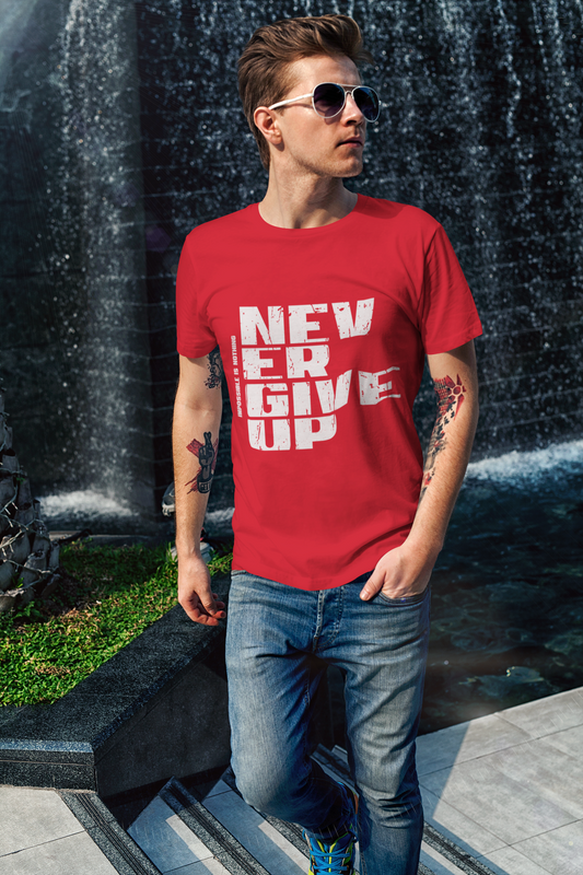 The TUY 'Never Give Up' Regular Fit T-shirt features an inspiring message with a comfortable and relaxed fit, perfect for motivational everyday wear
