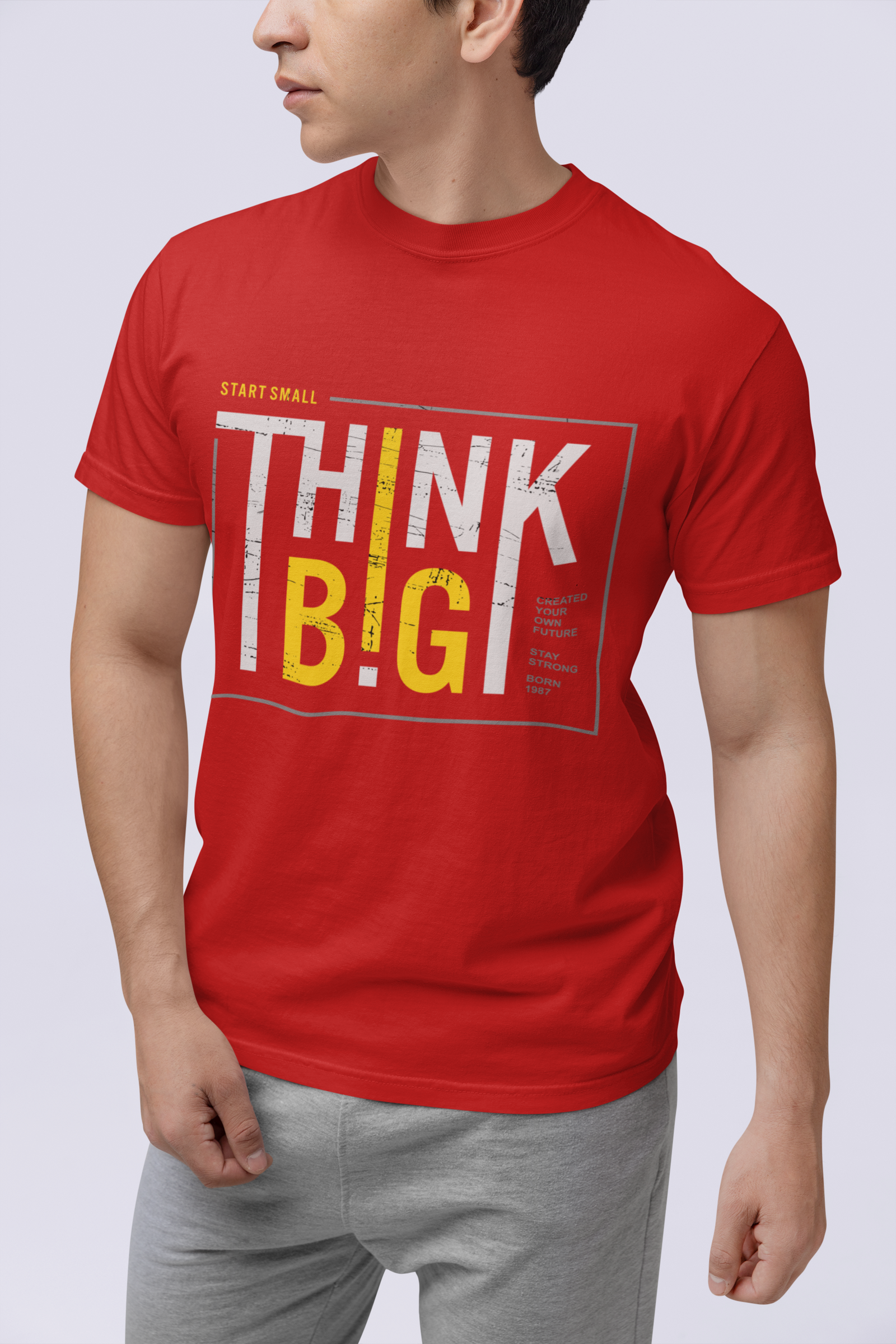 Model wearing TUY Think Big T-shirt by Urbaxo, styled in a regular fit with clean typography and bold messaging for an empowered look
