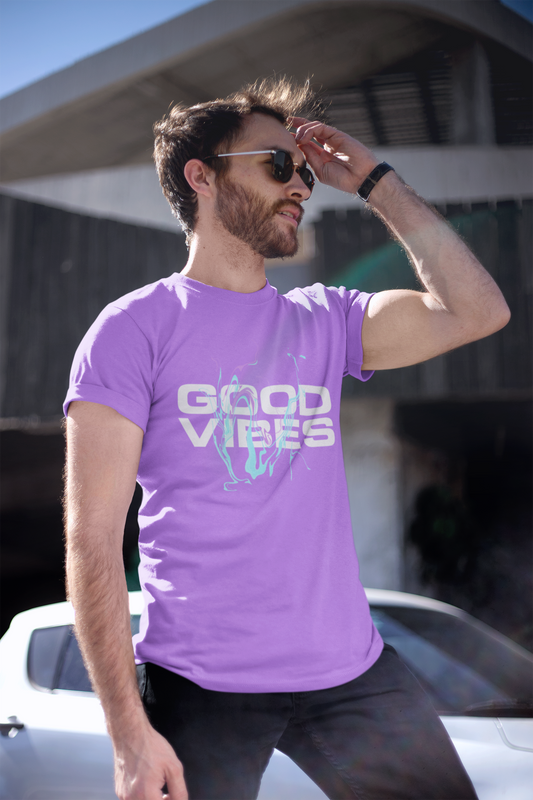 Unisex lavender T-shirt featuring a minimalist “Good Vibes” slogan, made from soft cotton